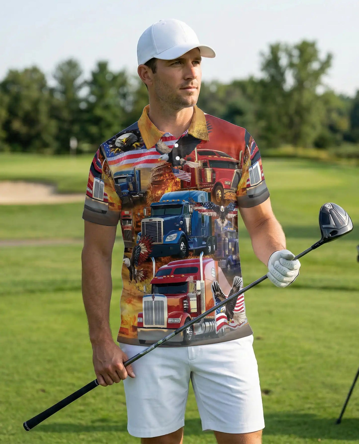 American Truck 3D Polo Shirt for Men, Patriotic Eagle Trucker Style | Azhawaiian