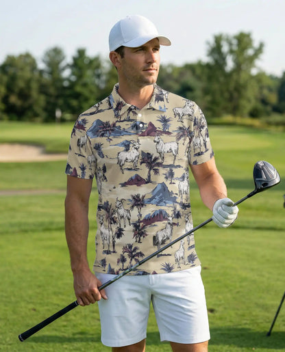 Goat Desert Tropical 3D Polo Shirt for Men, Rustic Farm Animal Style | Azhawaiian