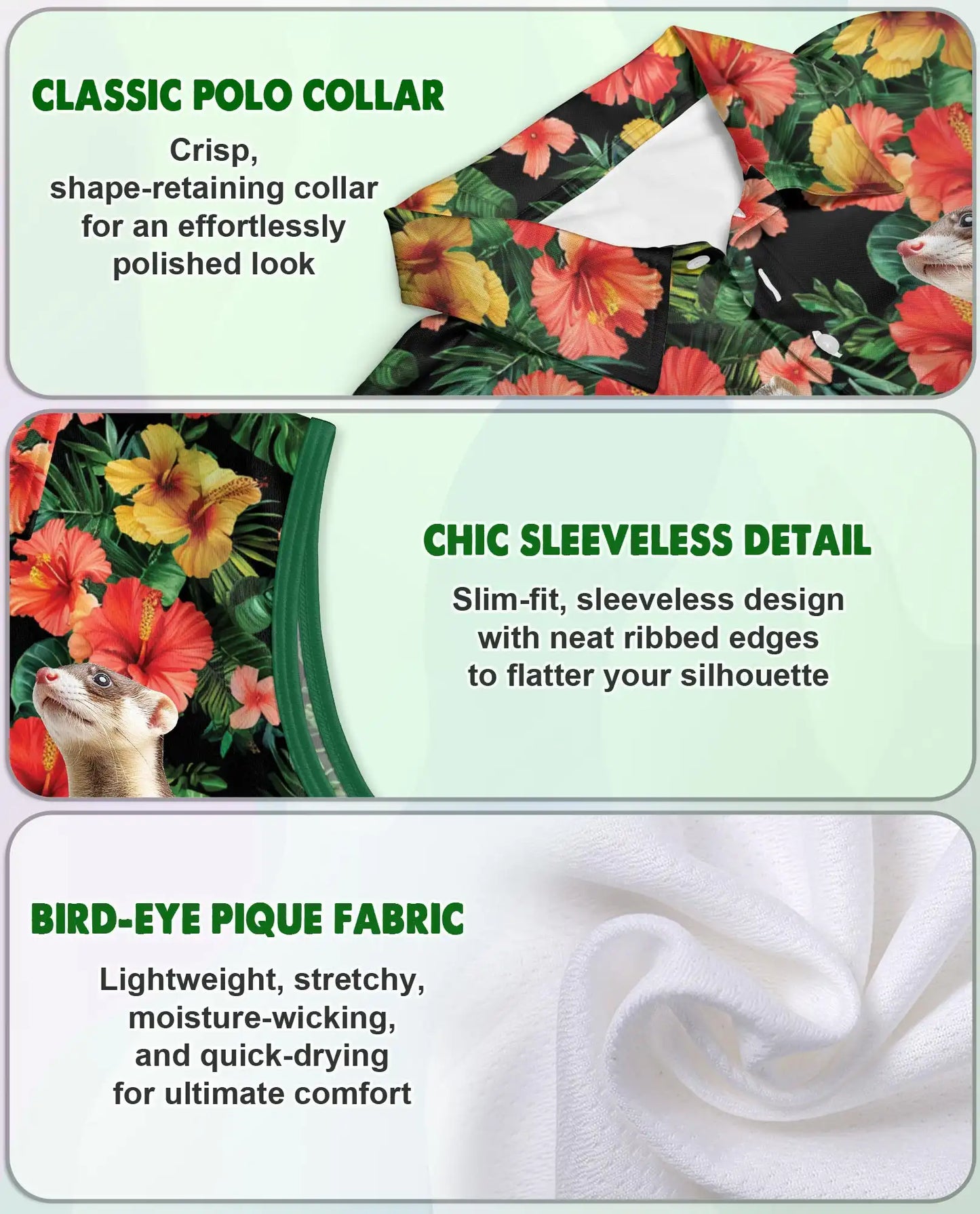Ferrets Tropical Sleeveless Polo Shirt for Women, Cute Exotic Animal Style | Azhawaiian