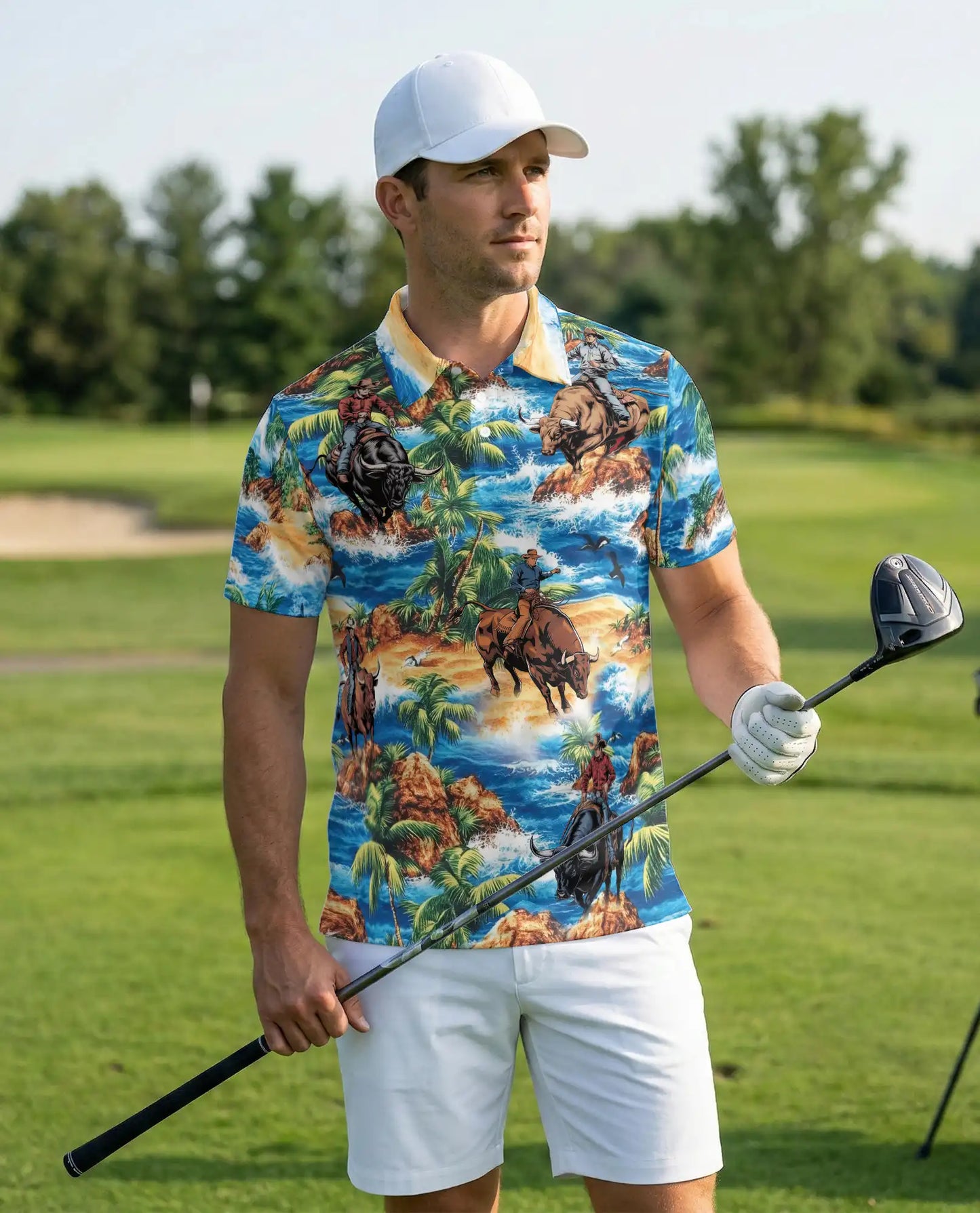 Cowboy Bull Riding 3D Polo Shirt for Men, Tropical Western Rodeo Style | Azhawaiian