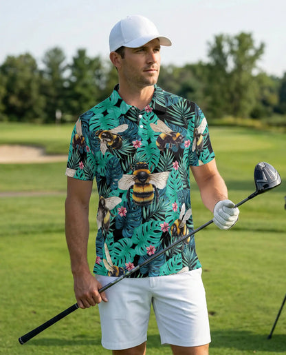 Bee Tropical Polo Shirt, Monstera Jungle Print | Azhawaiian