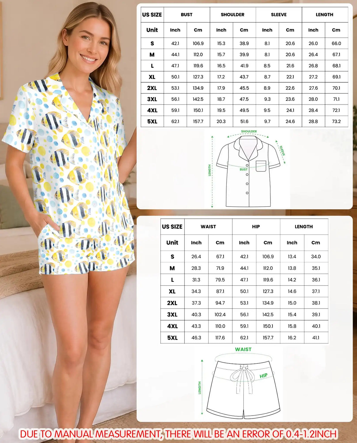 Tropical Fish Pajama Set for Women – Yellow Striped Fish & Blue Polka Dot Print