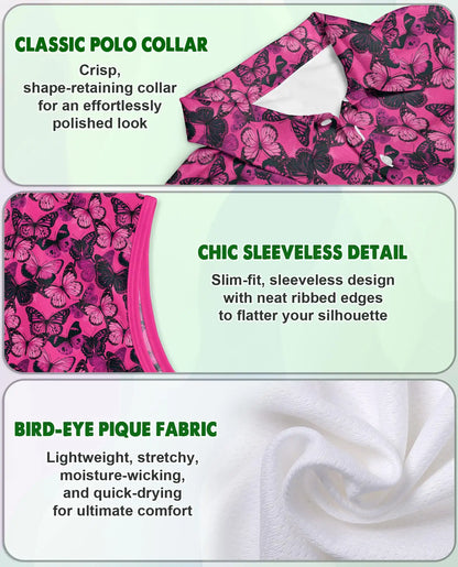 Pink Butterfly Print Sleeveless Polo Shirt for Women | Azhawaiian