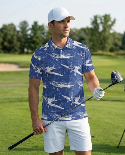 Vintage Airplane Blueprint Polo Shirt for Men-  Aviation Aircraft Print | Azhawaiian