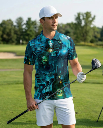 Haunted Ghost Train Skull Hawaiian Polo Shirt for Men-Gothic Horror Shirt | Azhawaiian