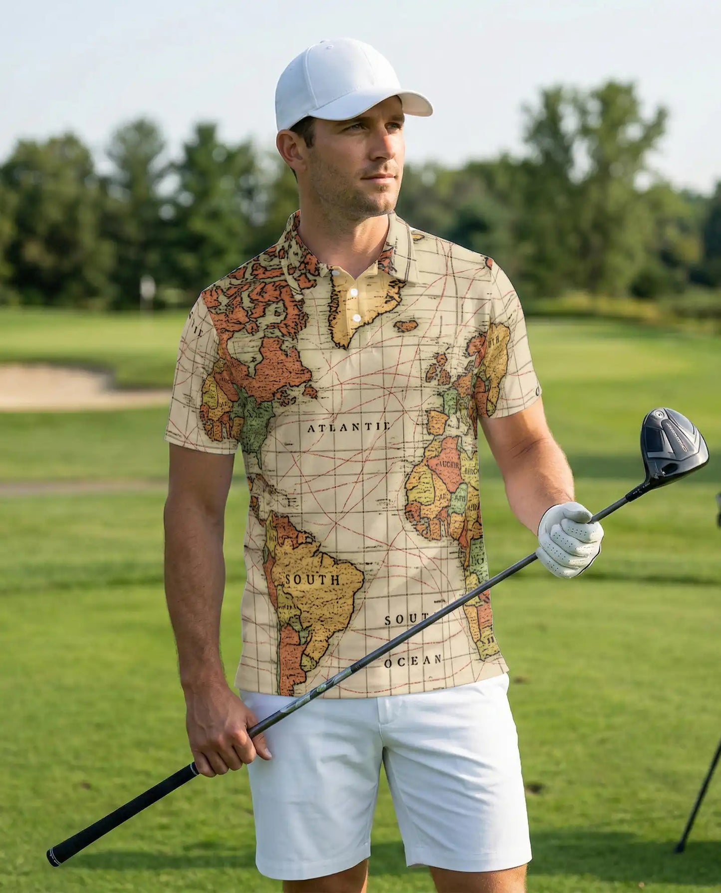 Vintage World Map Polo Shirt-Antique Nautical Atlas Print Travel Theme | Azhawaiian