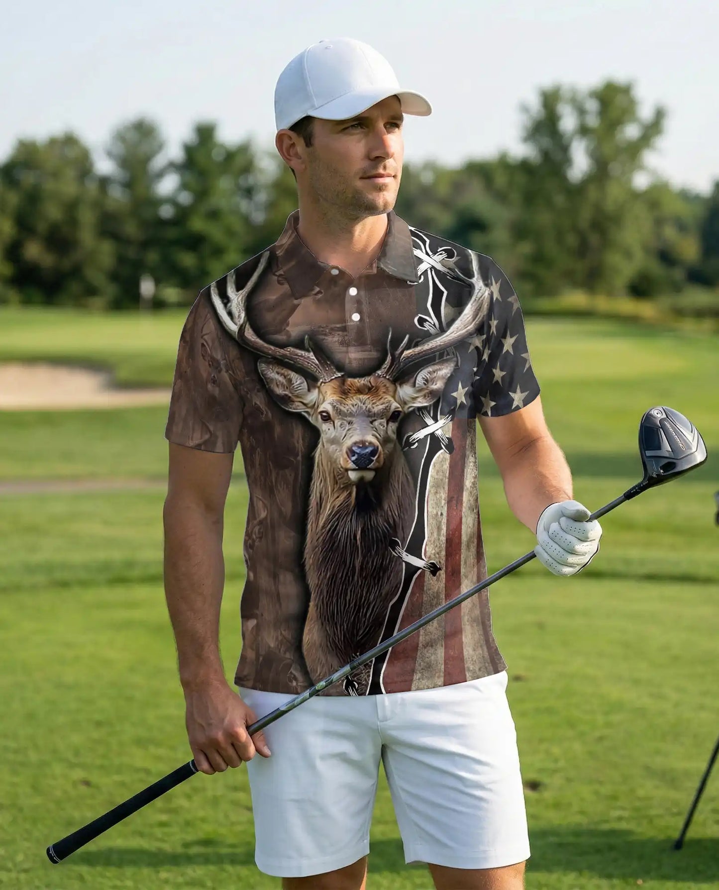 Deer Hunting Polo Shirt, American Flag Buck Print | Azhawaiian