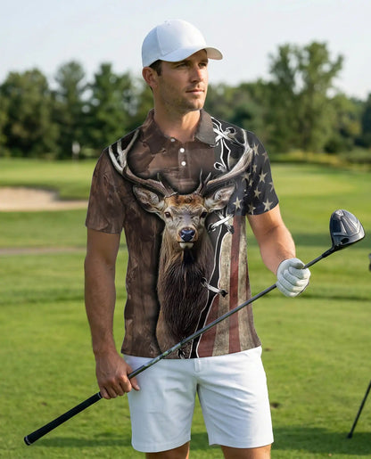 Deer Hunting Polo Shirt, American Flag Buck Print | Azhawaiian