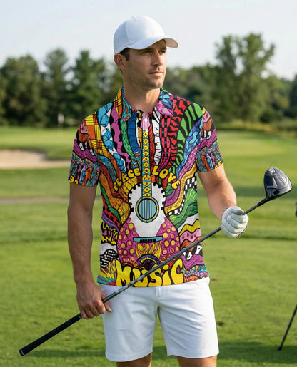 Psychedelic Music 3D Polo Shirt for Men, Colorful Guitar Art Style | Azhawaiian