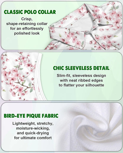 Cherry Blossom Sleeveless Polo Shirt for Women, Elegant Floral Spring Style | Azhawaiian