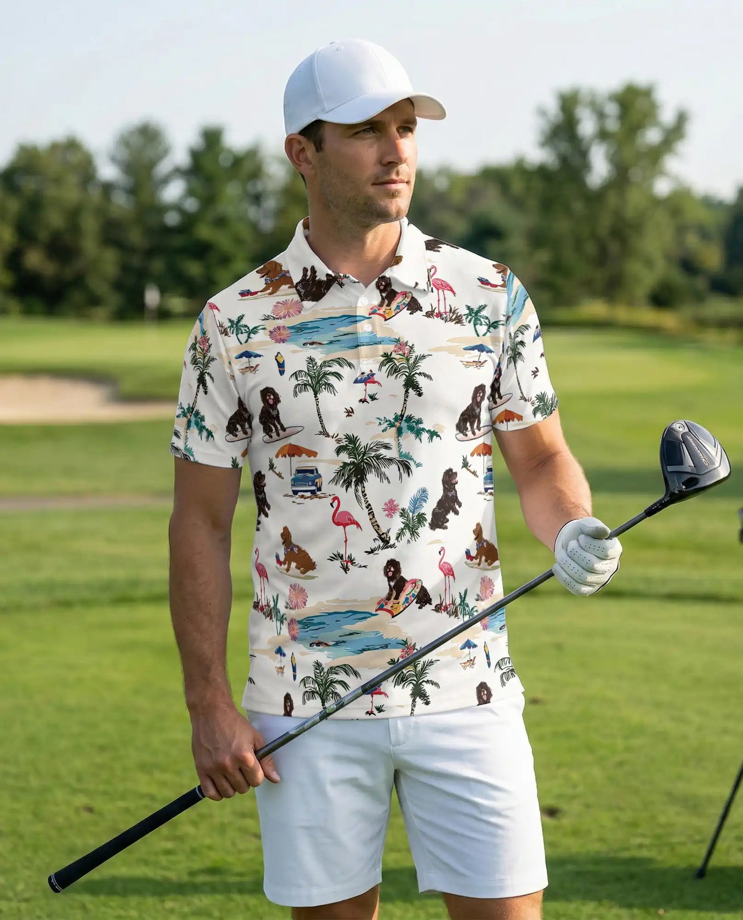 Newfoundland Dog Polo Shirt, Tropical Beach Print | Azhawaiian