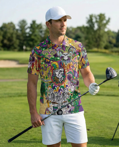 Mardi Gras Skull Jester Hawaiian Polo Shirt | Azhawaiian