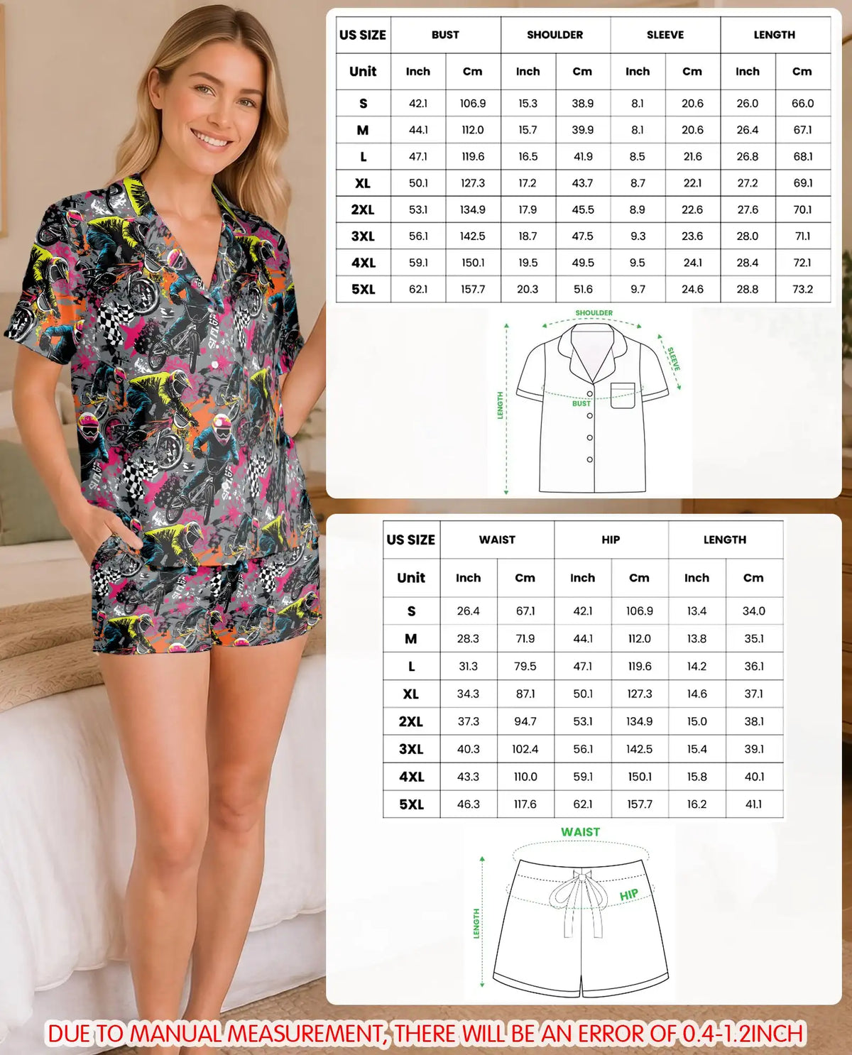 Motocross Dirt Bike Pajama Set for Women – Neon Graffiti Racing Print