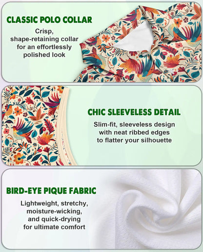 Vintage Chintz Bird Floral Sleeveless Polo Shirt for Women