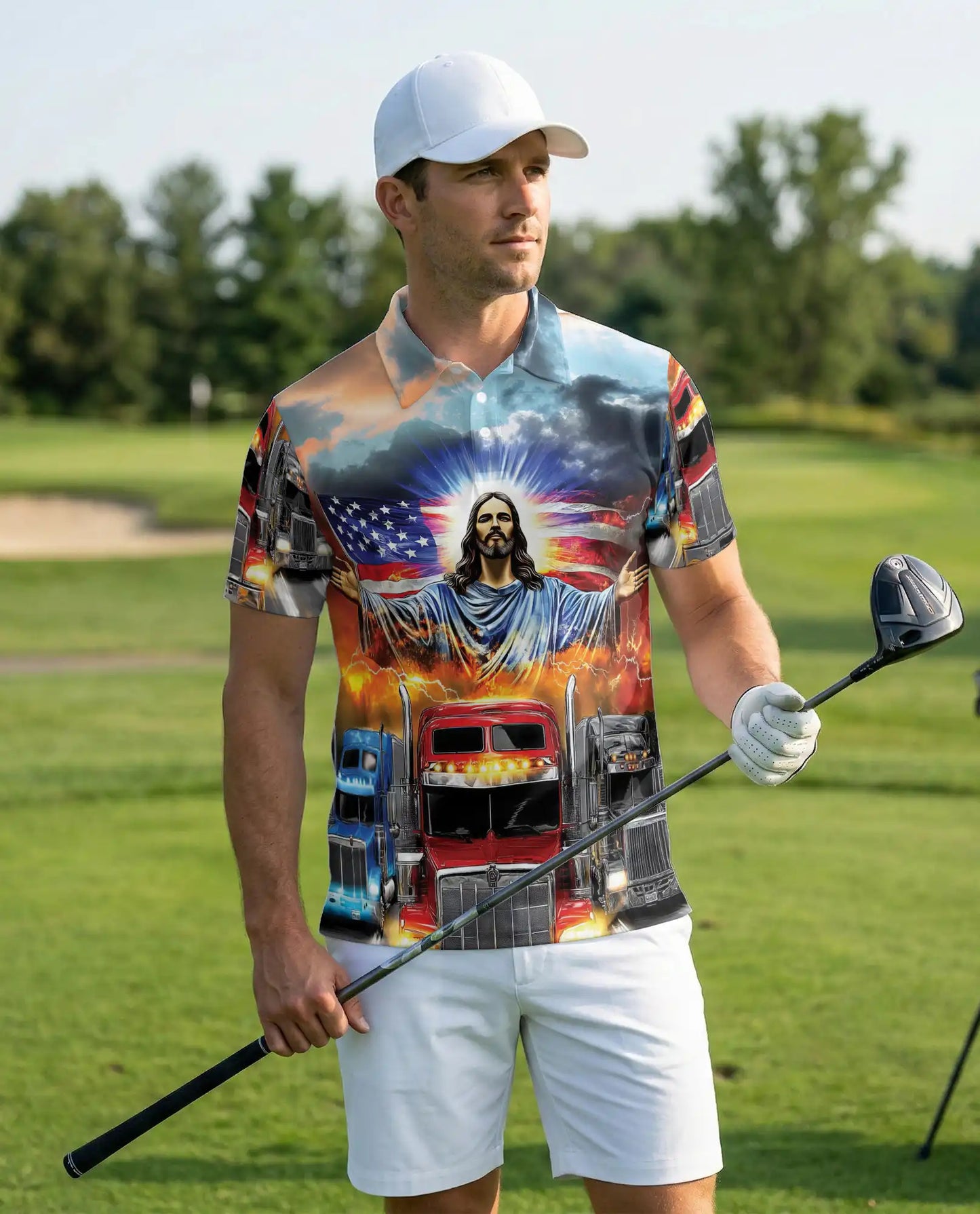 Jesus Truck Driver 3D Polo Shirt for Men, Patriotic American Trucker Style | Azhawaiian
