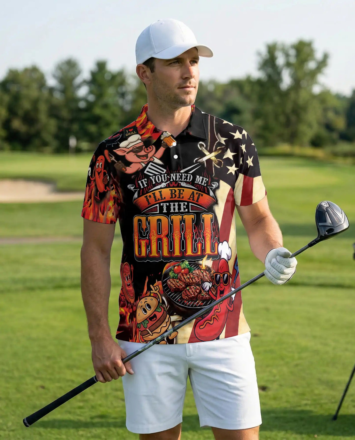 BBQ Grill Party Polo Shirt for Men, Fun Food & American Style | Azhawaiian