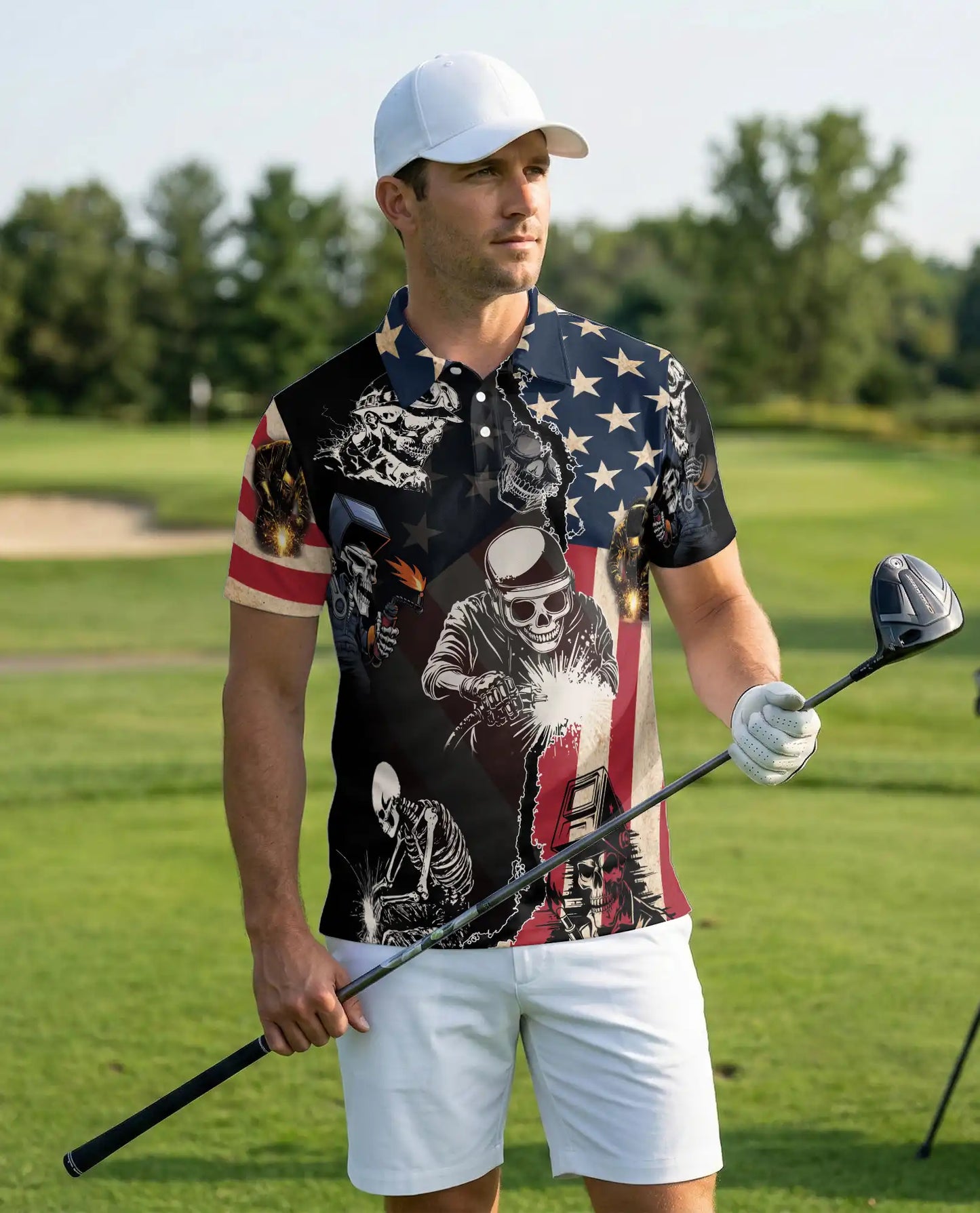 American Skull Welding Polo Shirt, Patriotic Style | Azhawaiian