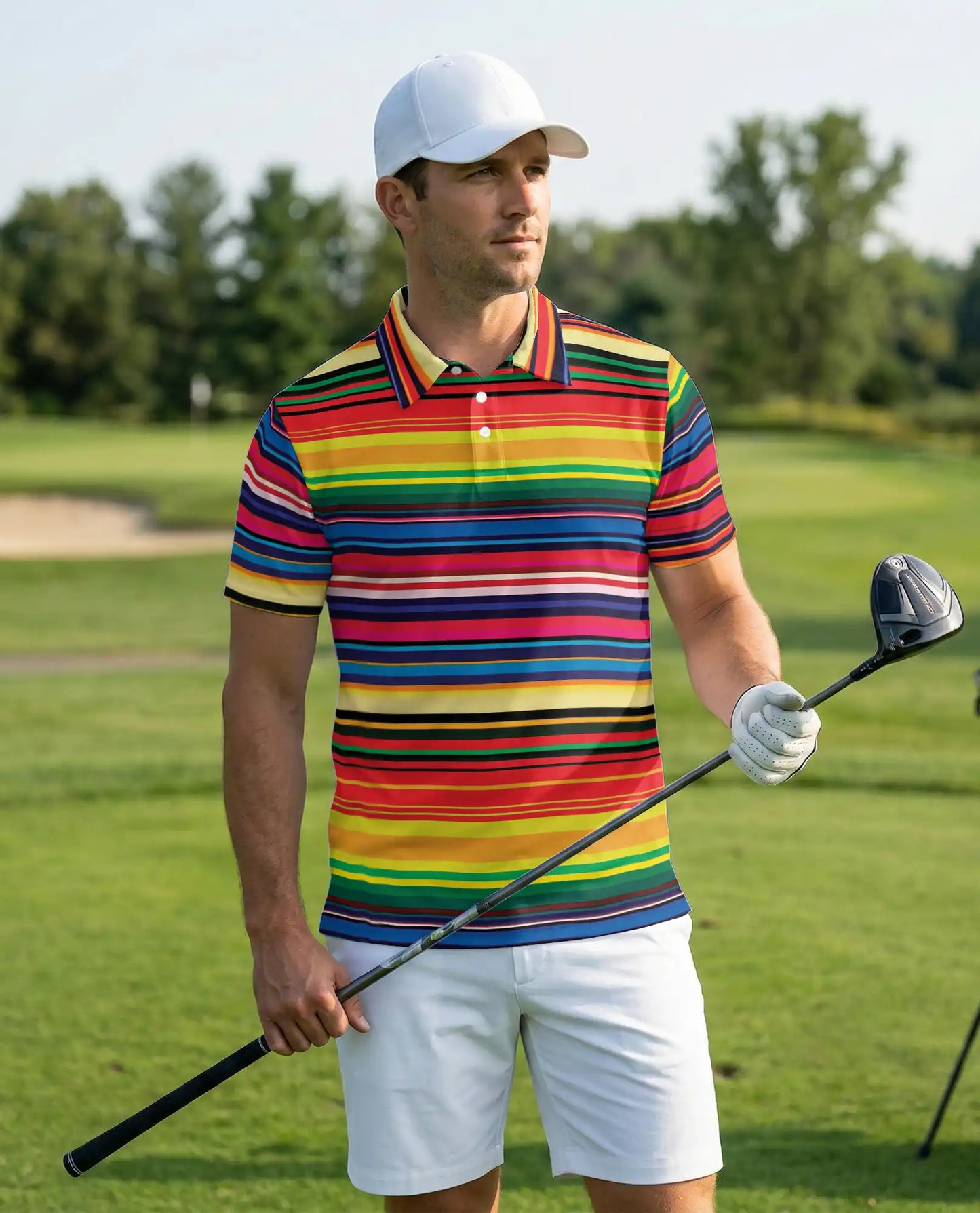 Colorful Striped 3D Polo Shirt for Men, Rainbow Retro Pattern Style | Azhawaiian
