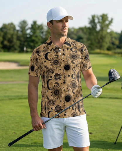 Celestial Sunflower Polo Shirt for Men-Boho Moon Stars Botanical Floral Shirt | Azhawaiian
