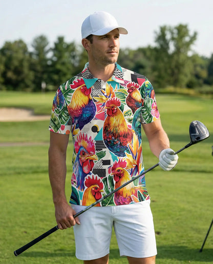 Rooster Tropical Polo Shirt, Colorful Farm Print | Azhawaiian