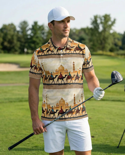 Camel Caravan Desert 3D Polo Shirt for Men, Middle Eastern Travel Style | Azhawaiian