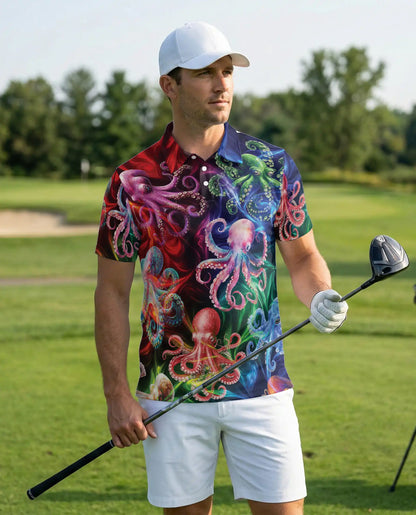 Colorful Octopus 3D Polo Shirt for Men, Tropical Ocean Style | Azhawaiian
