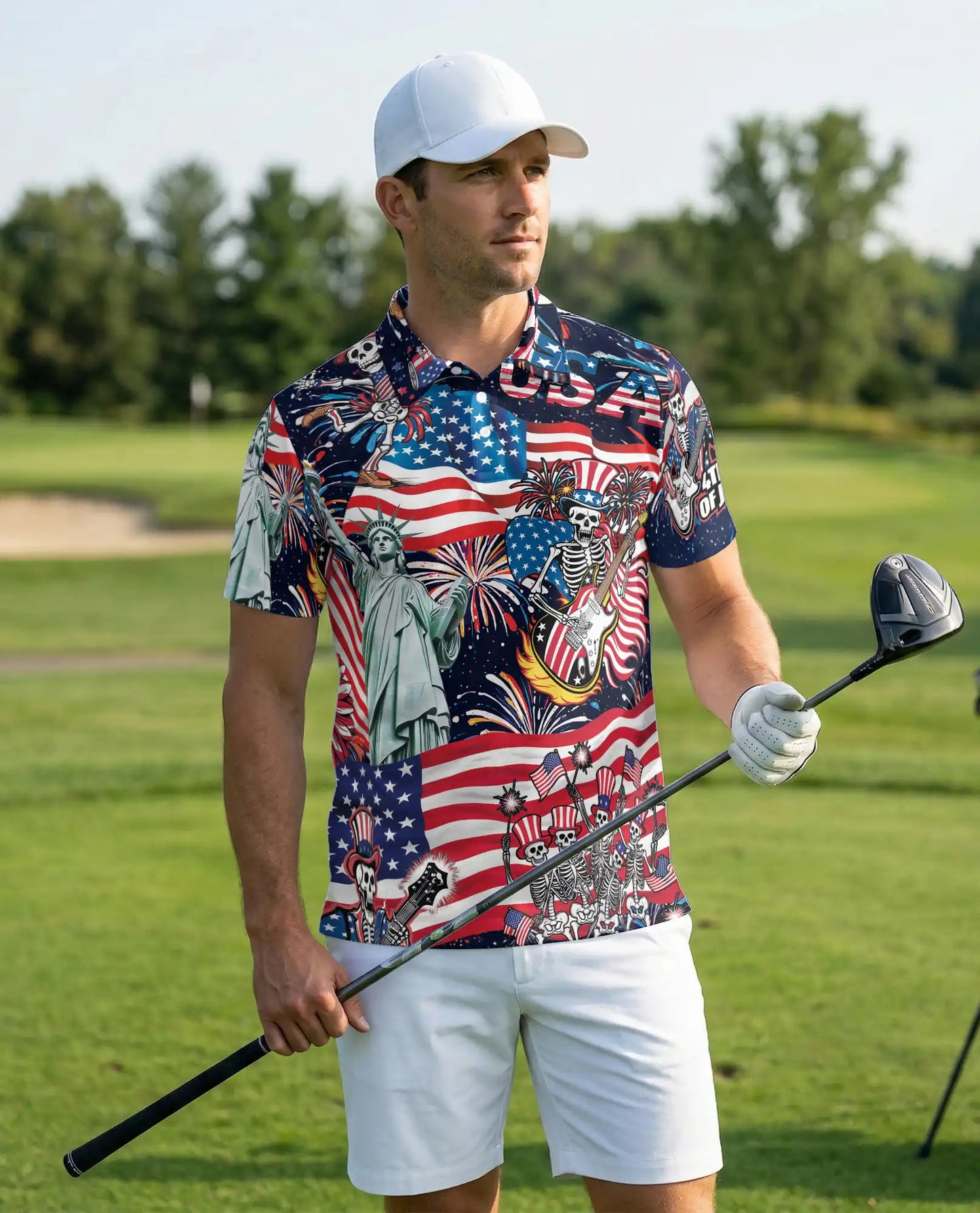 USA Skeleton Rock Band Patriotic 4th Of July Polo Shirt | Azhawaiian