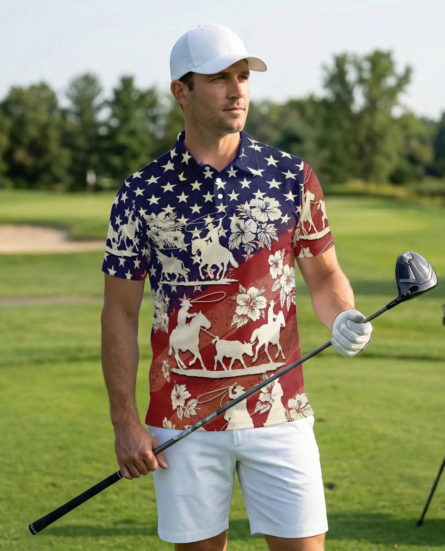 Cowboy Rodeo Polo Shirt, Patriotic Western Print | Azhawaiian