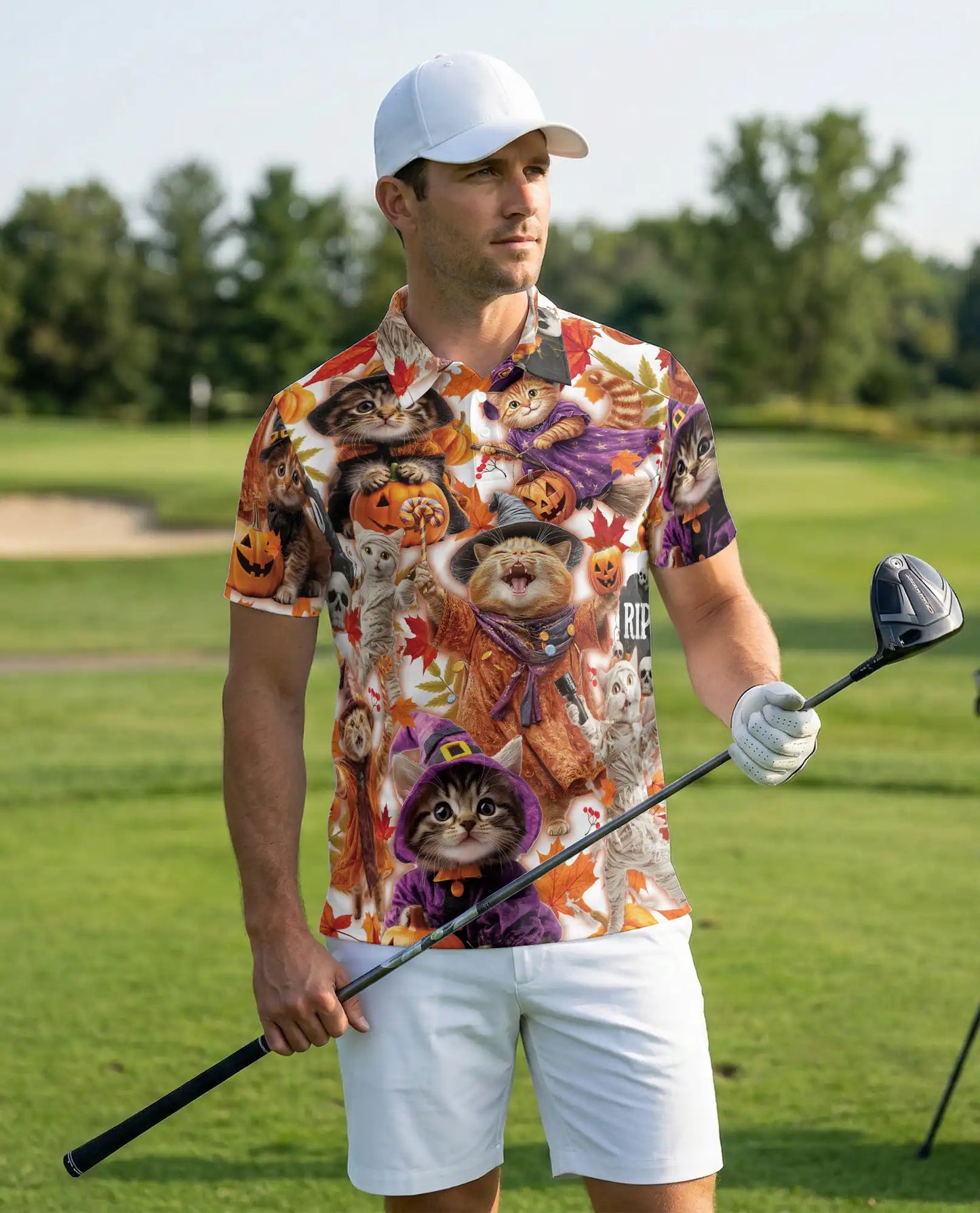 Halloween Kittens Polo Shirt for Men, Cute Cat Costume Print | Azhawaiian