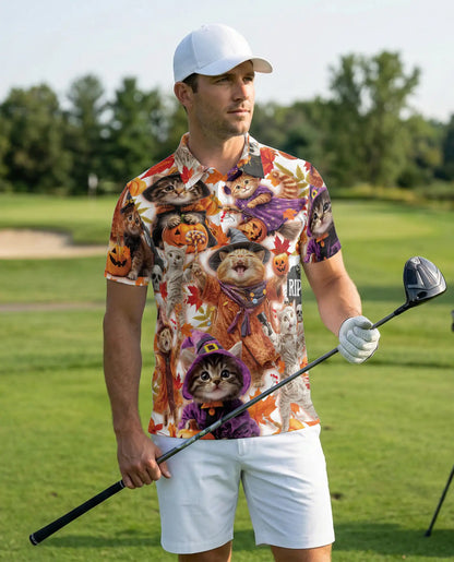 Halloween Kittens Polo Shirt for Men, Cute Cat Costume Print | Azhawaiian