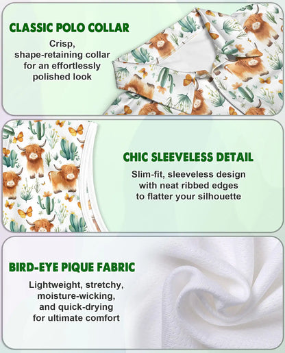 Highland Cow Cactus Sleeveless Polo Shirt for Women, Cute Western Farm Style | Azhawaiian