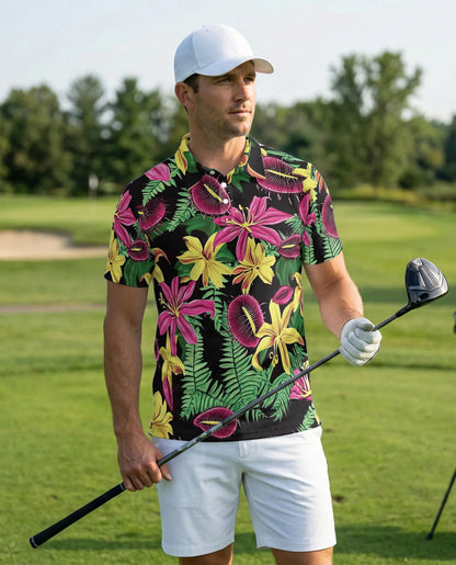 Tropical Floral 3D Polo Shirt for Men, Exotic Jungle Flower Style | Azhawaiian