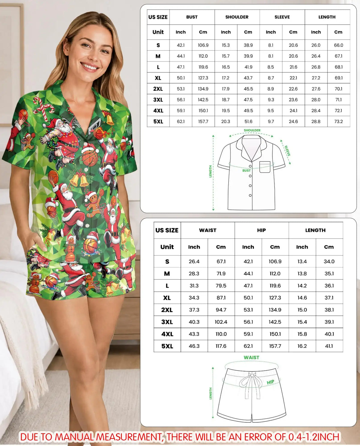 Basketball Santa Christmas Pajama Set for Women – Green Geometric Print