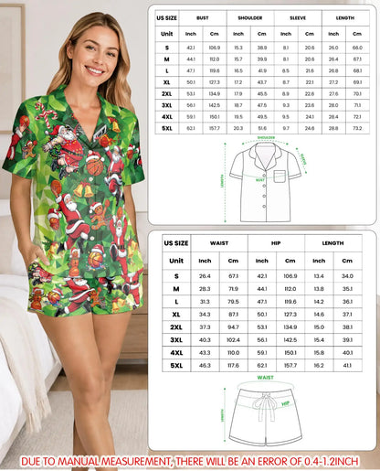 Basketball Santa Christmas Pajama Set for Women – Green Geometric Print