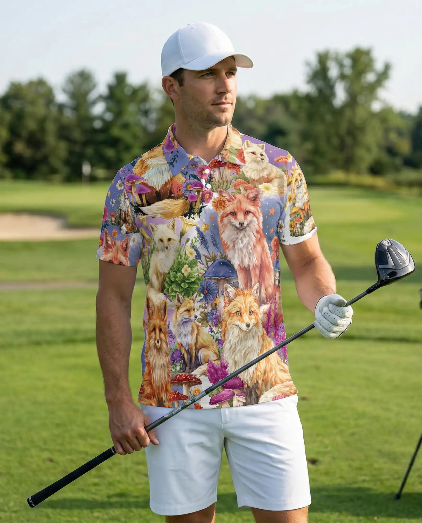 Fantasy Fox Garden Polo Shirt Enchanted Woodland Floral Animal Art | Azhawaiian