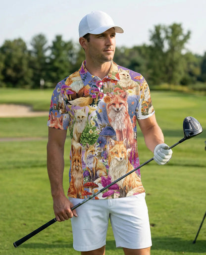 Fantasy Fox Garden Polo Shirt Enchanted Woodland Floral Animal Art | Azhawaiian