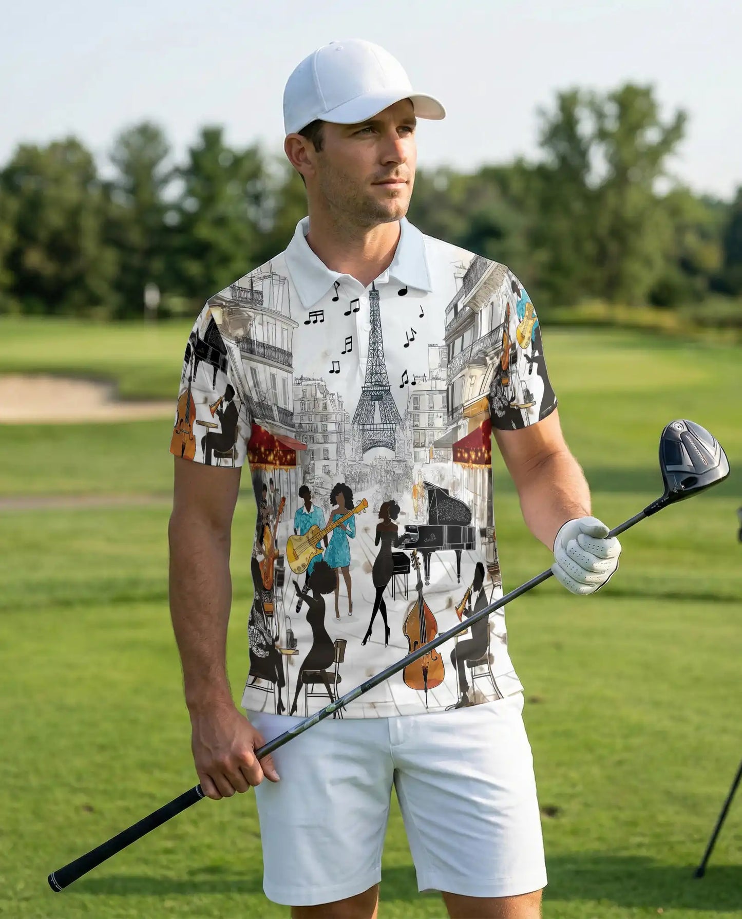 Paris Jazz Music 3D Polo Shirt for Men, Eiffel Tower Artistic Style | Azhawaiian