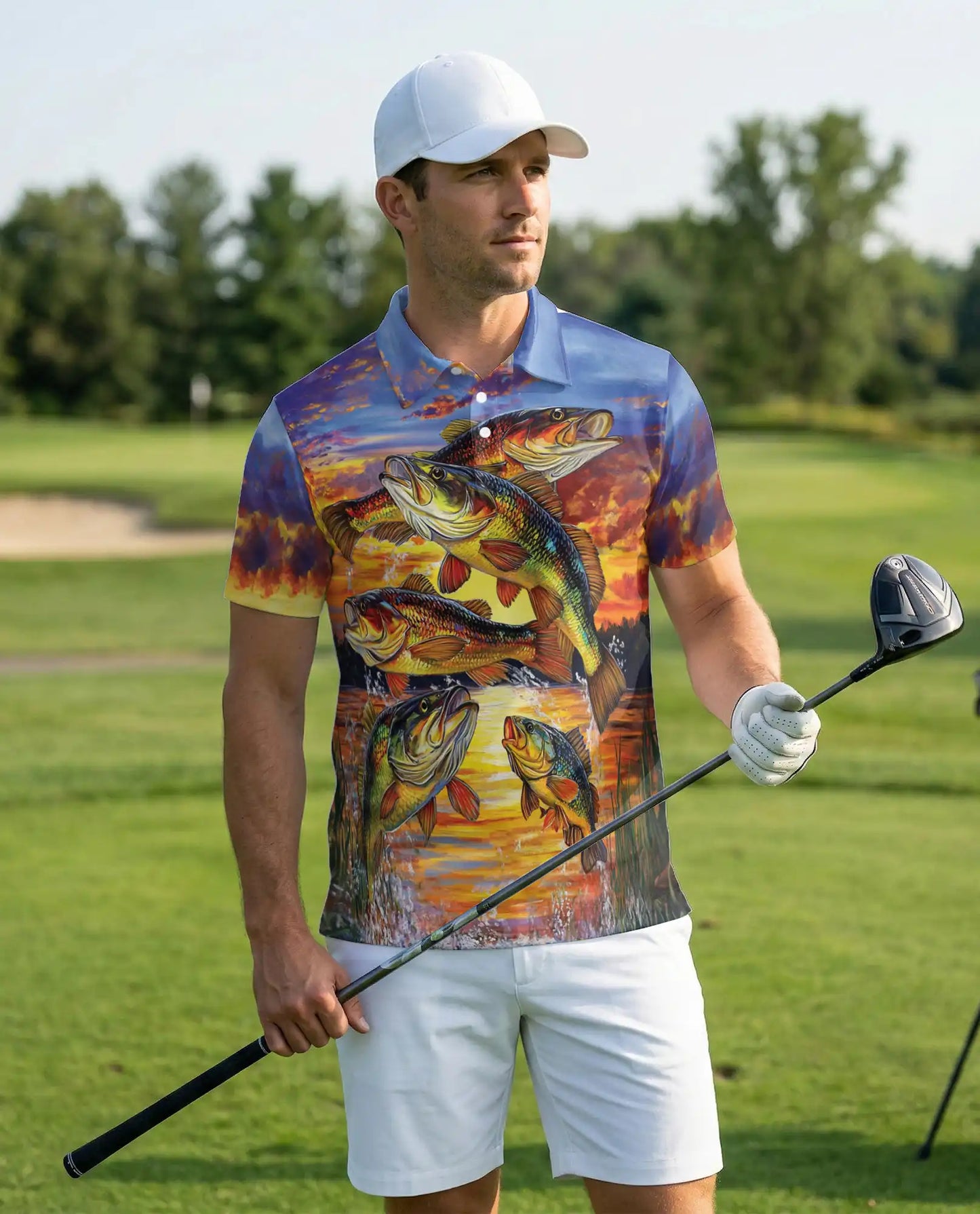 Bass Fishing Polo Shirt, Sunset Lake Print | Azhawaiian