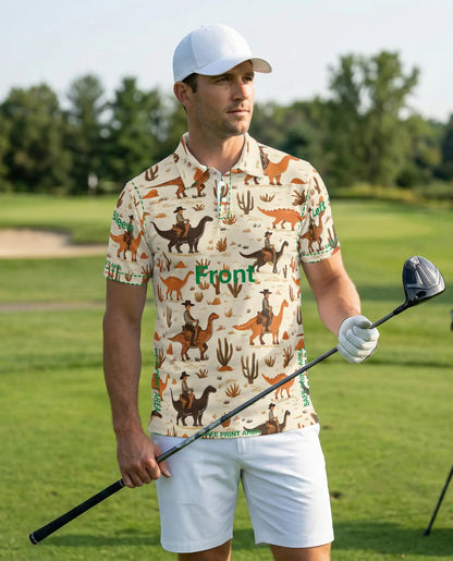 Cowboy Dinosaur 3D Polo Shirt for Men, Western Desert Adventure Style | Azhawaiian
