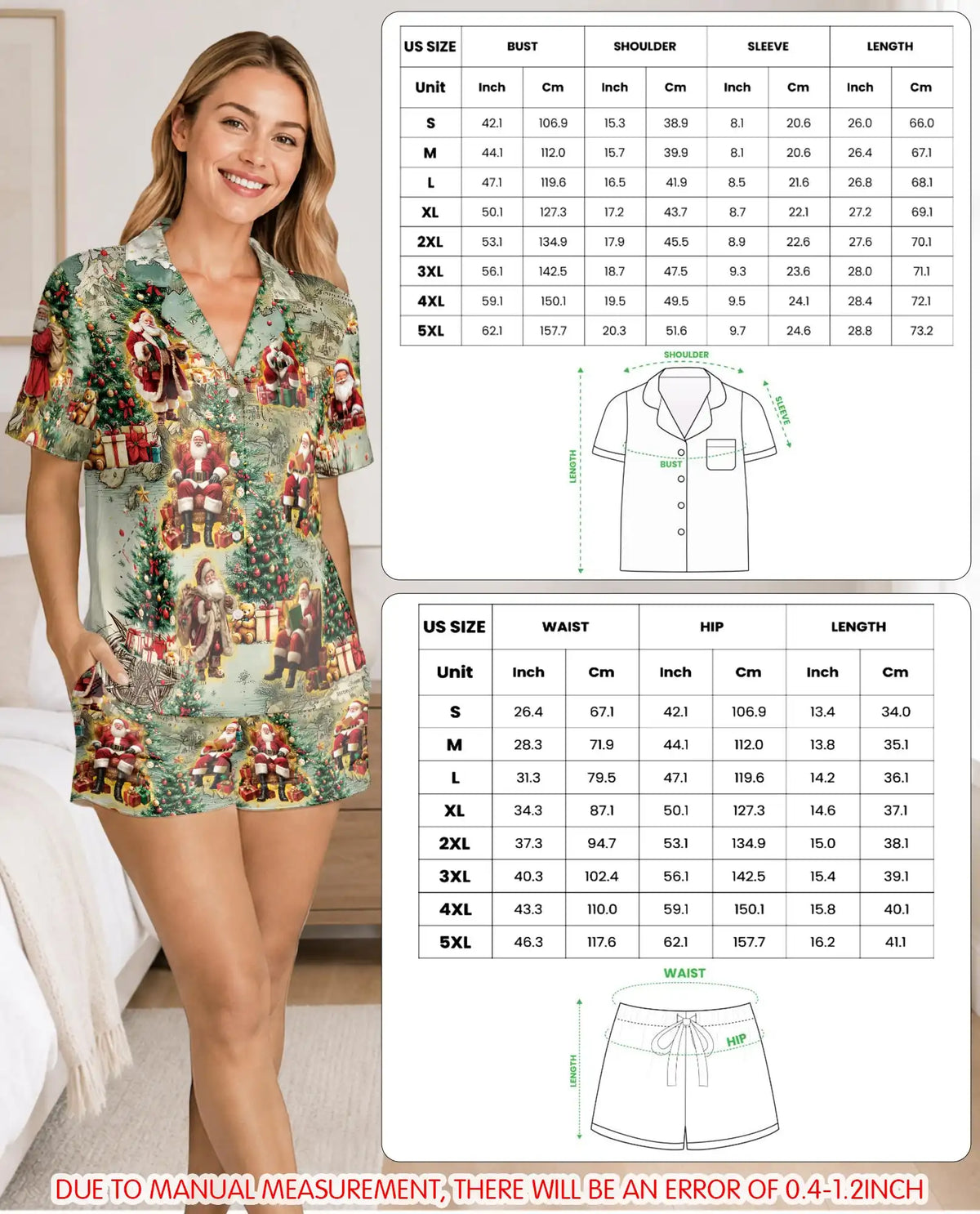 Christmas Santa Pajama Set for Women, Vintage Holiday Sleepwear with Christmas Tree Design
