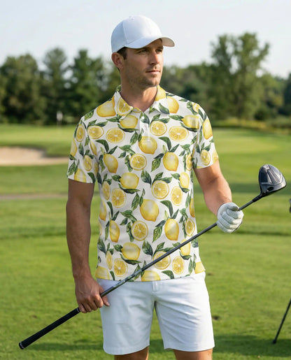 Lemon Print Polo Shirt, Fresh Citrus Pattern | Azhawaiian