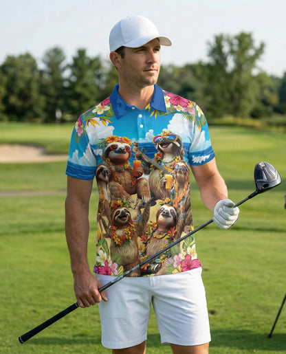 Sloth Beach Party 3D Polo Shirt for Men, Funny Tropical Animal Style | Azhawaiian