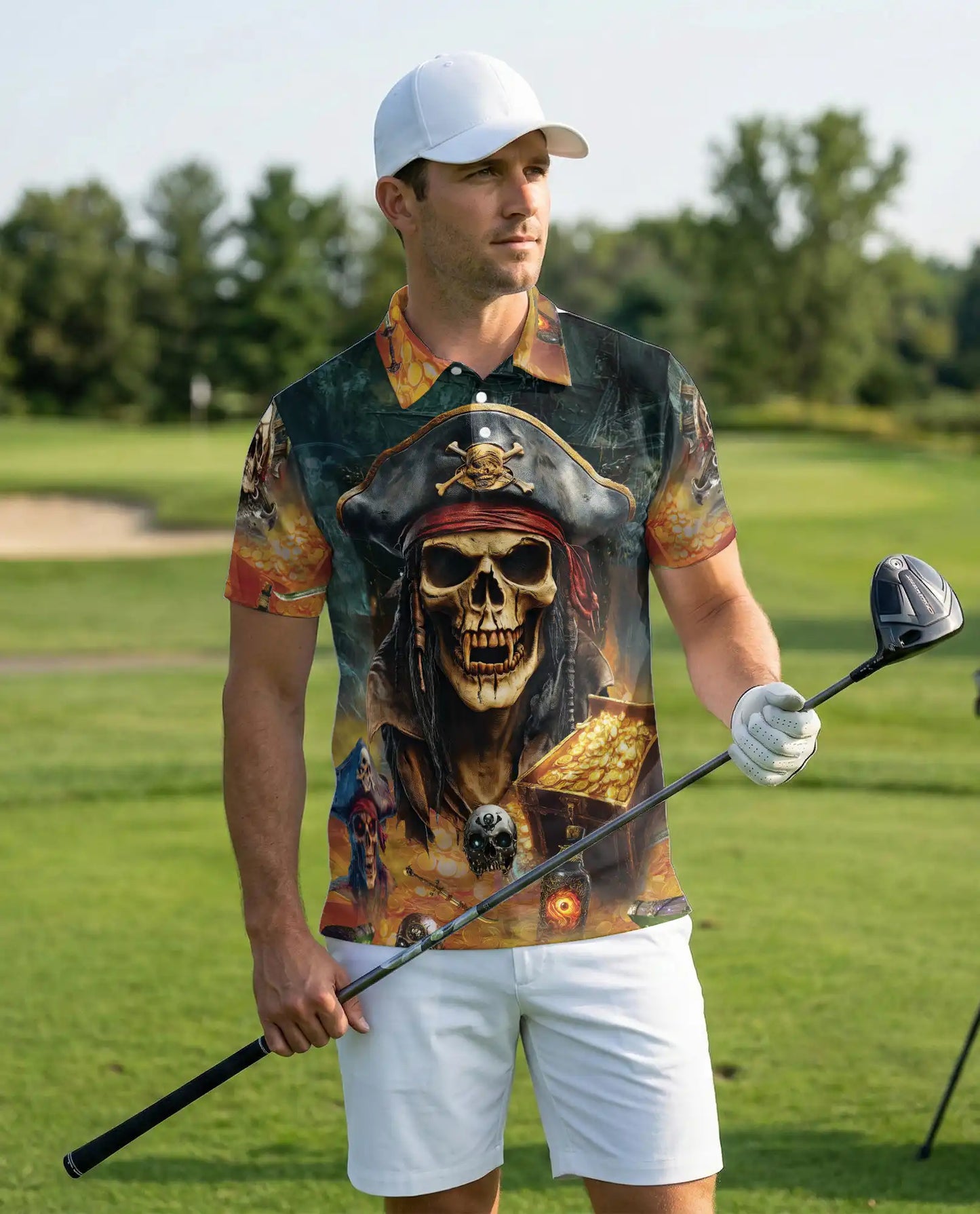 Pirate Skull Polo Shirt, Treasure Hunter Print | Azhawaiian