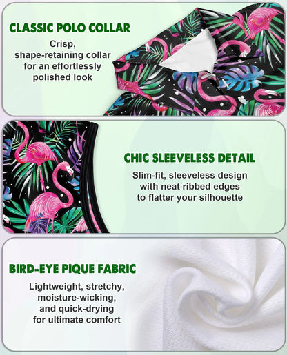 Flamingo Leaf Summer Sleeveless Polo Shirt for Women, Tropical Beach Style | Azhawaiian