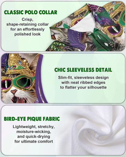 Cats Mardi Gras Carnival Sleeveless Polo Shirt for Women