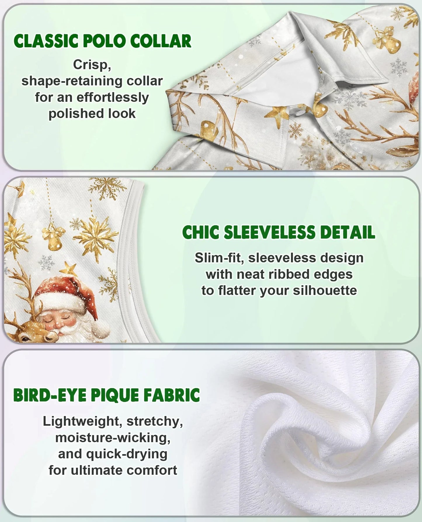 Christmas Golden Sleeveless Polo Shirt for Women, Elegant Holiday Style | Azhawaiian