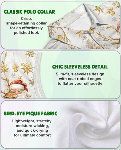 Christmas Golden Sleeveless Polo Shirt for Women, Elegant Holiday Style | Azhawaiian