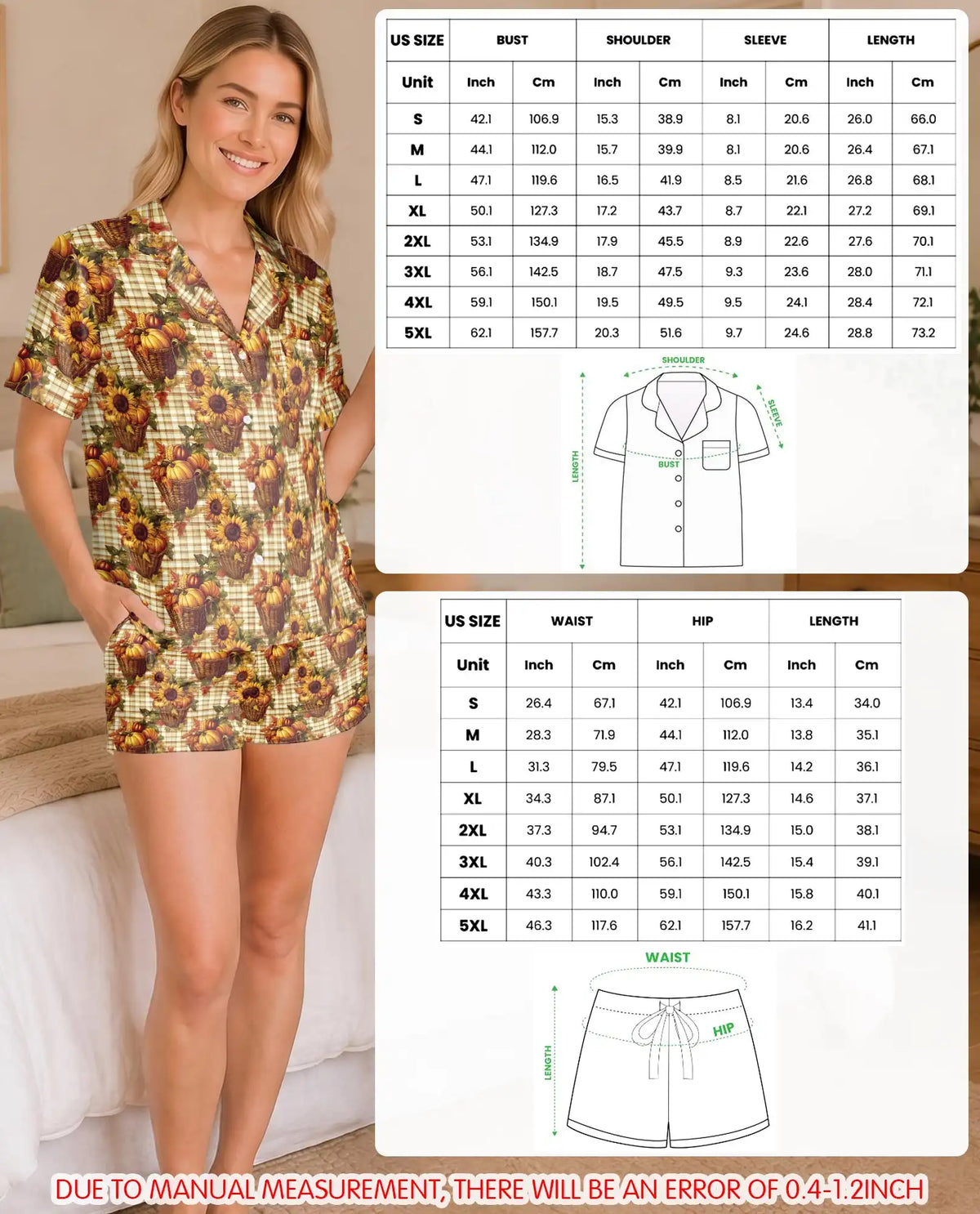 Fall Sunflower & Pumpkin Pajama Set for Women – Rustic Plaid Print
