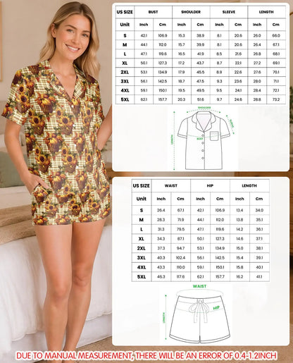Fall Sunflower & Pumpkin Pajama Set for Women – Rustic Plaid Print