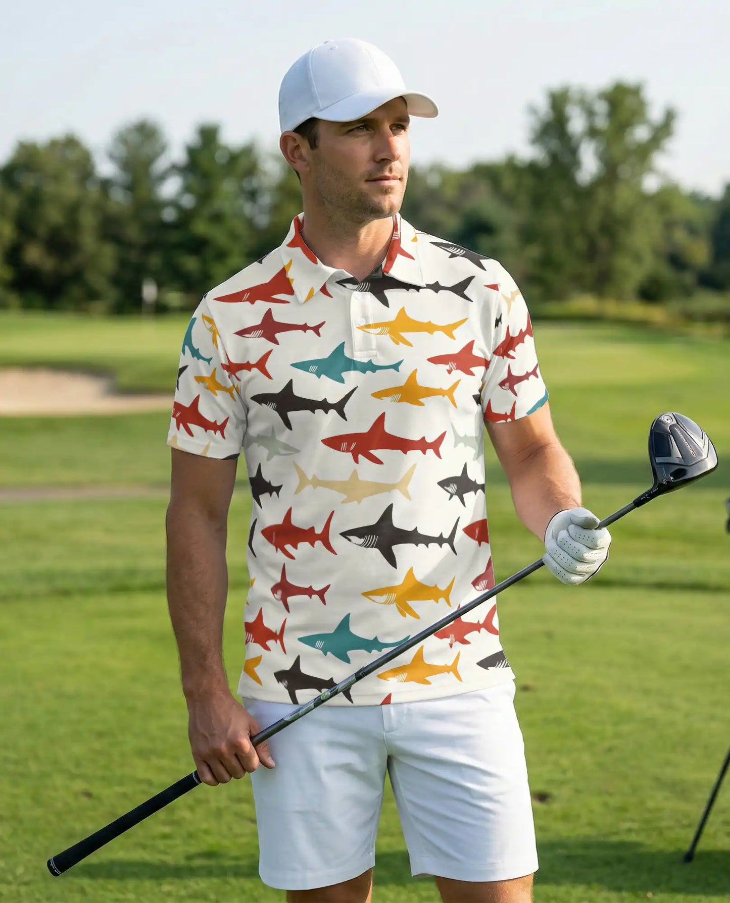 Colorful Shark Pattern 3D Polo Shirt for Men, Ocean Marine Style | Azhawaiian